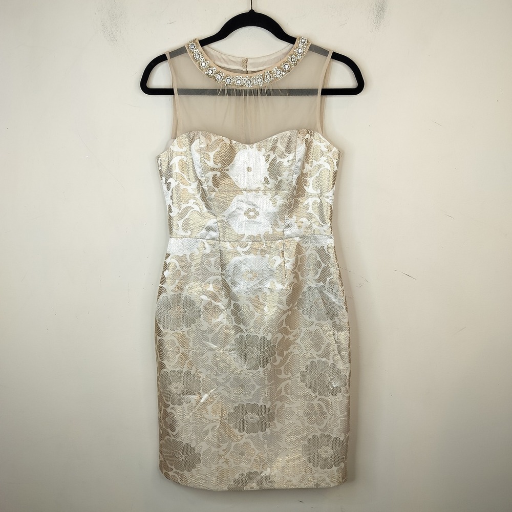 Maggy London Gold Metallic Floral Sheath Dress 4 Sheer Neckline Rhinestone Party